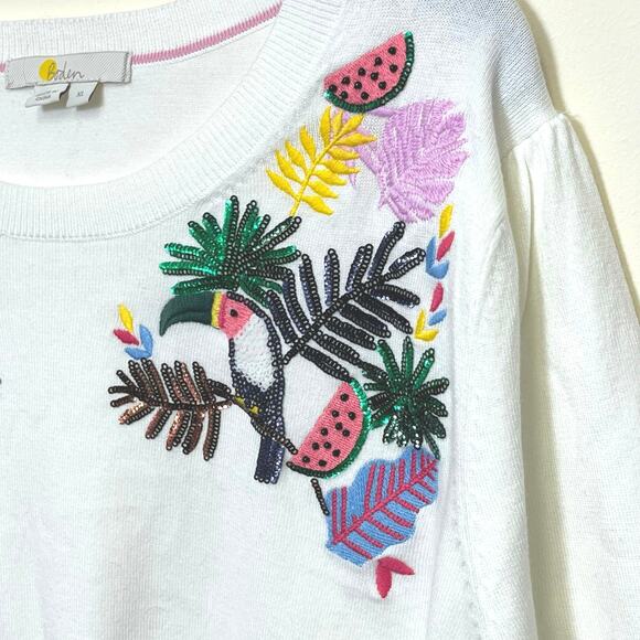 Boden Unique Embroidered sequin Tucan Tropical Knit Sweater XL - Picture 3 of 6